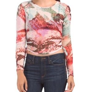 Shinestar Mesh Snake Print Ruched Long Sleeve Crop Top (NWT) (Size: Medium)